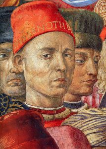 detail of painting The Magi, man in red hat